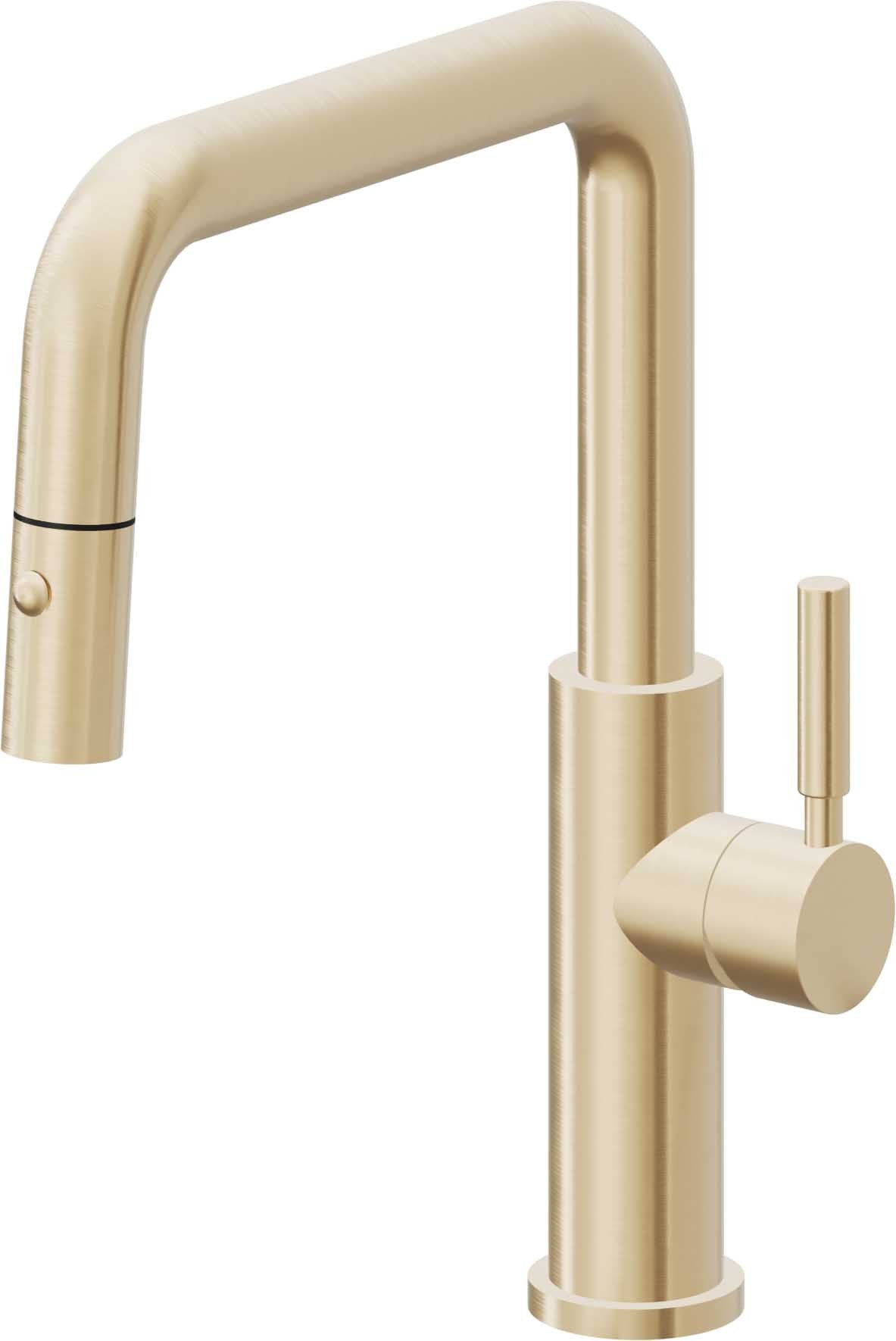 California Faucets Corsano Llave de Cocina Extraible Contemporanea con Rociador de Boton - Pico Cuadruple - Latón Satinado