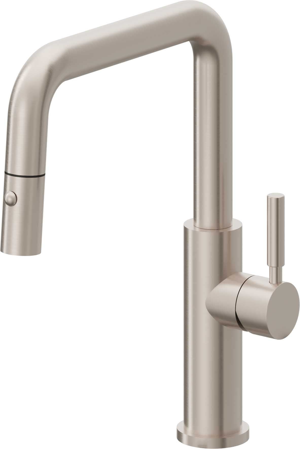 California Faucets Corsano Llave de Cocina Extraible Contemporanea con Rociador de Boton - Pico Cuadruple - Níquel Satinado