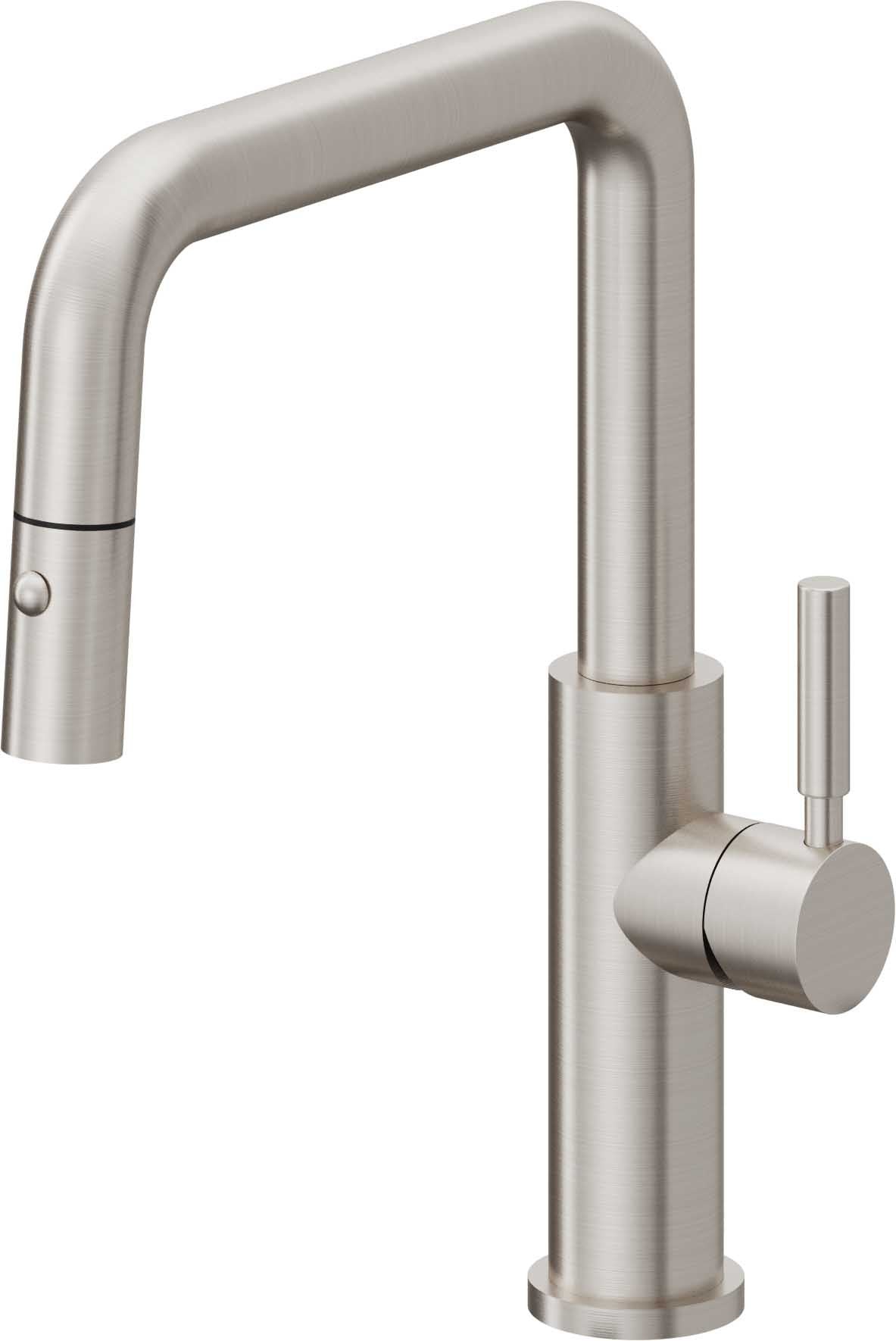 California Faucets Corsano Llave de Cocina Extraible Contemporanea con Rociador de Boton - Pico Cuadruple - Acero Inoxidable Ultra
