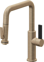 California Faucets Corsano Llave de Cocina Extraible Contemporanea con Rociador de Apretar - Pico Cuadruple - Latón Antiguo Mate