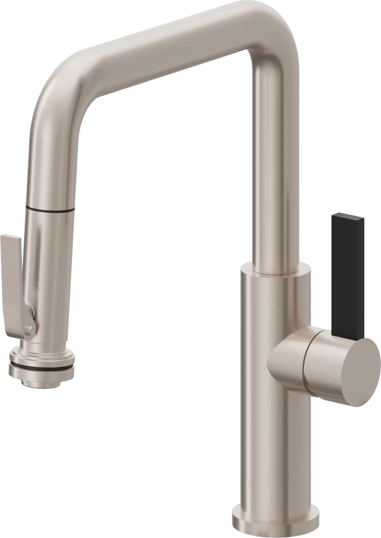 California Faucets Corsano Llave de Cocina Extraible Contemporanea con Rociador de Apretar - Pico Cuadruple - Níquel Satinado
