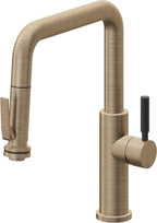 California Faucets Corsano Llave de Cocina Extraible Contemporanea con Rociador de Apretar - Pico Cuadruple - Latón Antiguo Mate