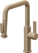 California Faucets Corsano Llave de Cocina Extraible Contemporanea con Rociador de Apretar - Pico Cuadruple - Latón Antiguo Mate