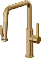 California Faucets Corsano Llave de Cocina Extraible Contemporanea con Rociador de Apretar - Pico Cuadruple - Latón Bruñido