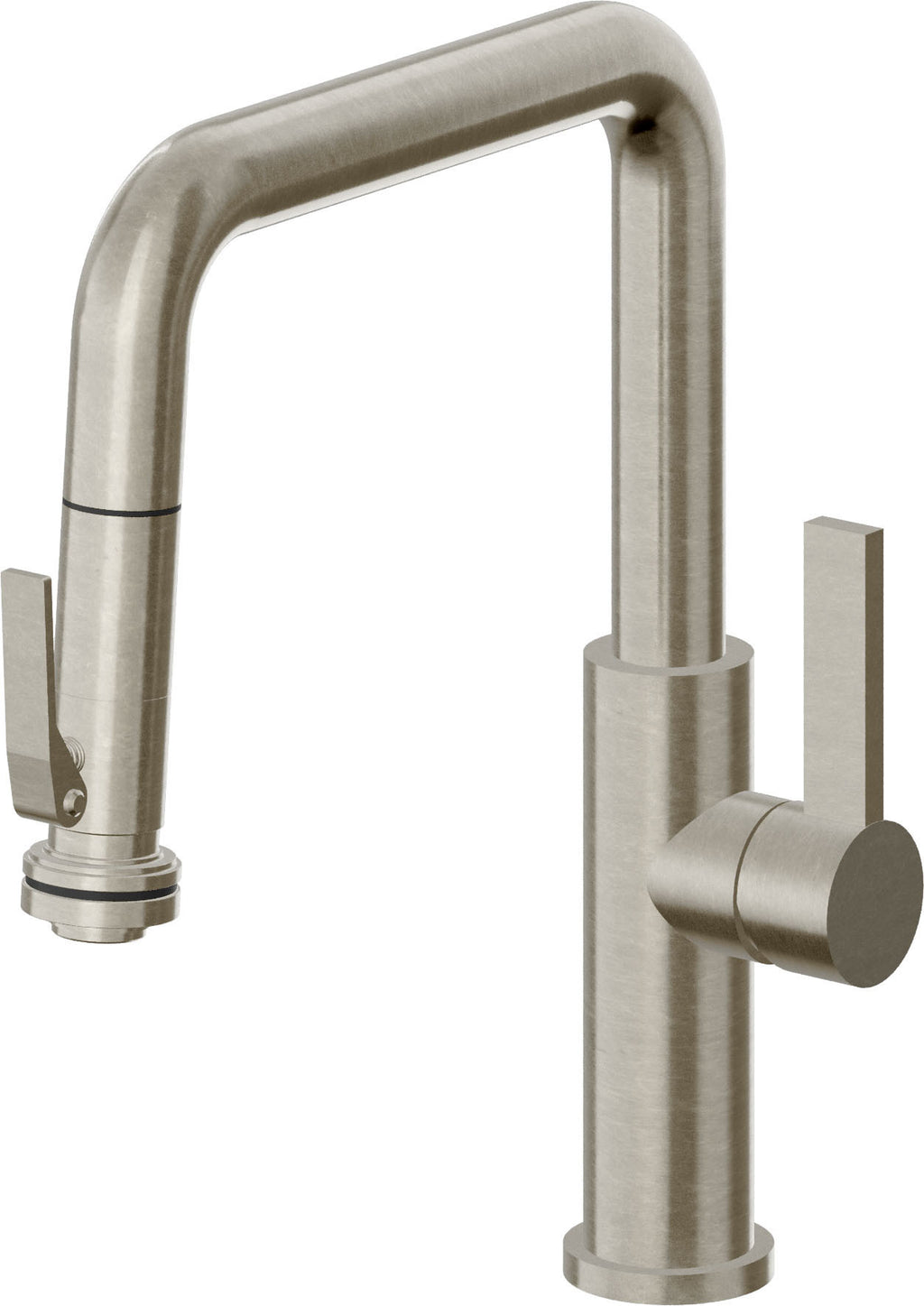 California Faucets Corsano Llave de Cocina Extraible Contemporanea con Rociador de Apretar - Pico Cuadruple - Níquel Bruñido