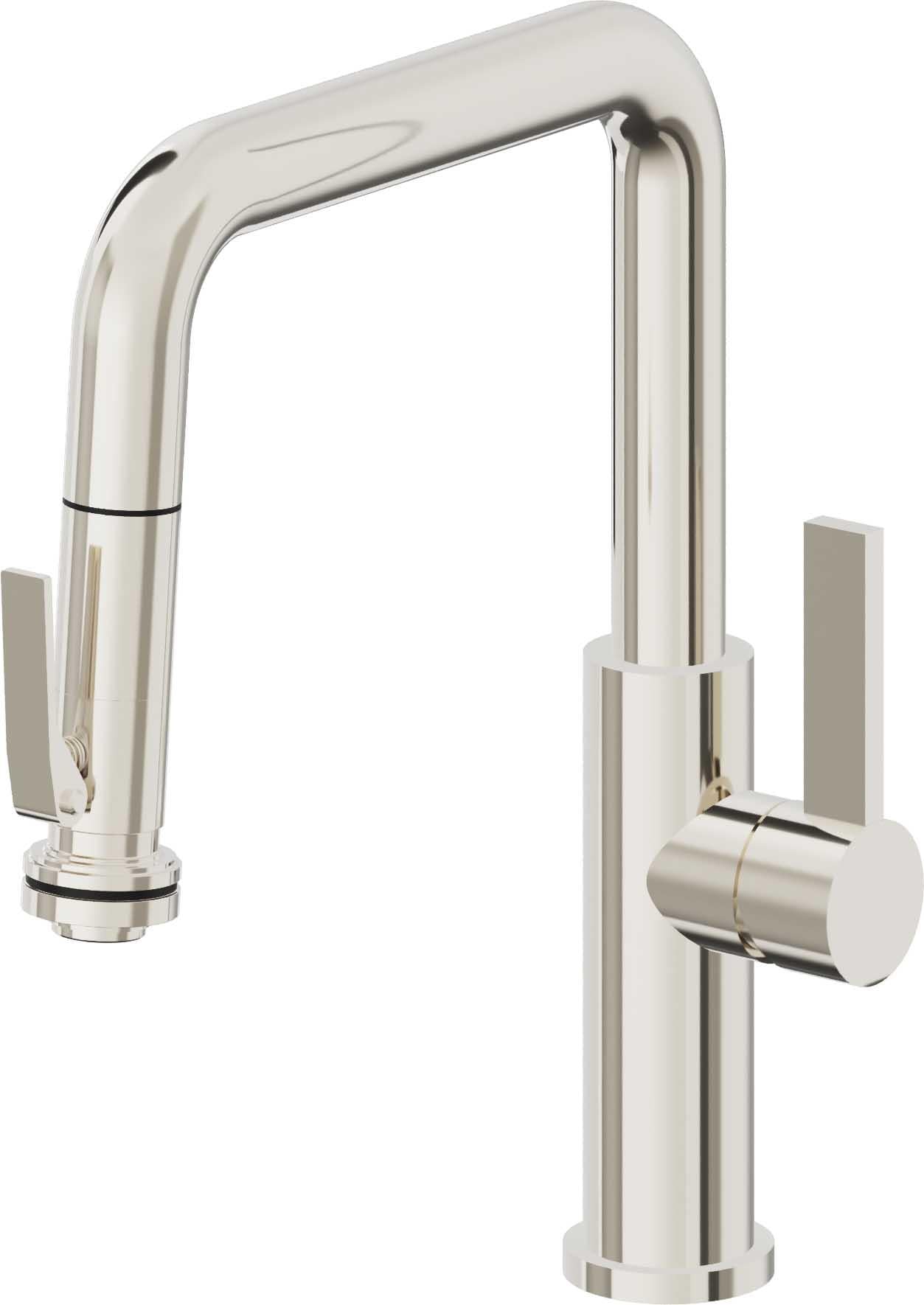 California Faucets Corsano Llave de Cocina Extraible Contemporanea con Rociador de Apretar - Pico Cuadruple - Níquel Pulido