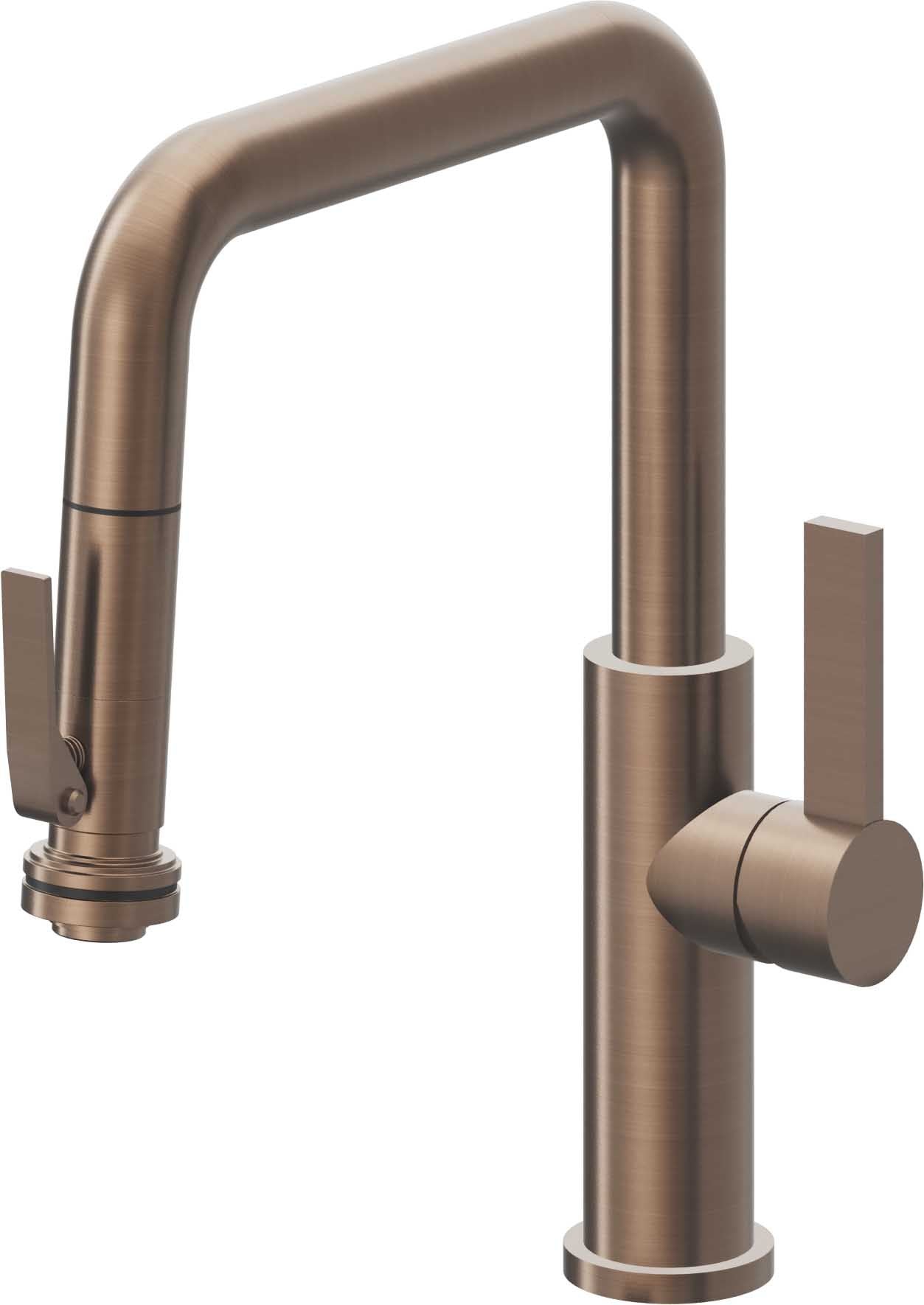 California Faucets Corsano Llave de Cocina Extraible Contemporanea con Rociador de Apretar - Pico Cuadruple - Bronce Satinado
