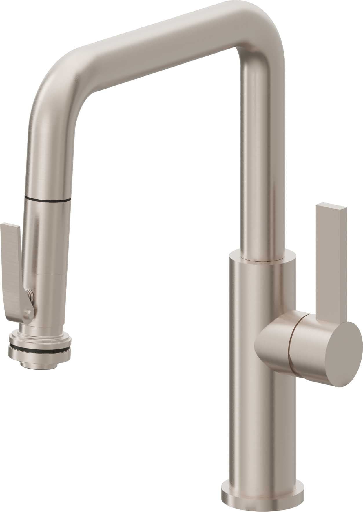 California Faucets Corsano Llave de Cocina Extraible Contemporanea con Rociador de Apretar - Pico Cuadruple - Níquel Satinado