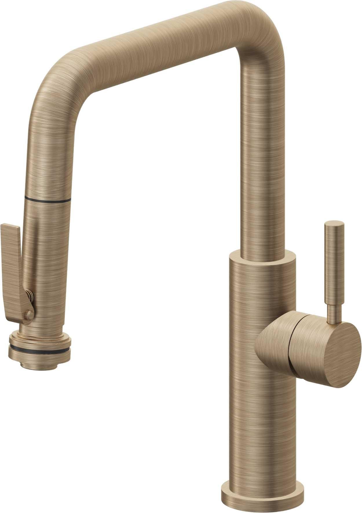 California Faucets Corsano Llave de Cocina Extraible Contemporanea con Rociador de Apretar - Pico Cuadruple - Latón Antiguo Mate