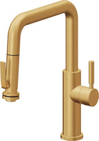 California Faucets Corsano Llave de Cocina Extraible Contemporanea con Rociador de Apretar - Pico Cuadruple - Oro Satinado de por Vida