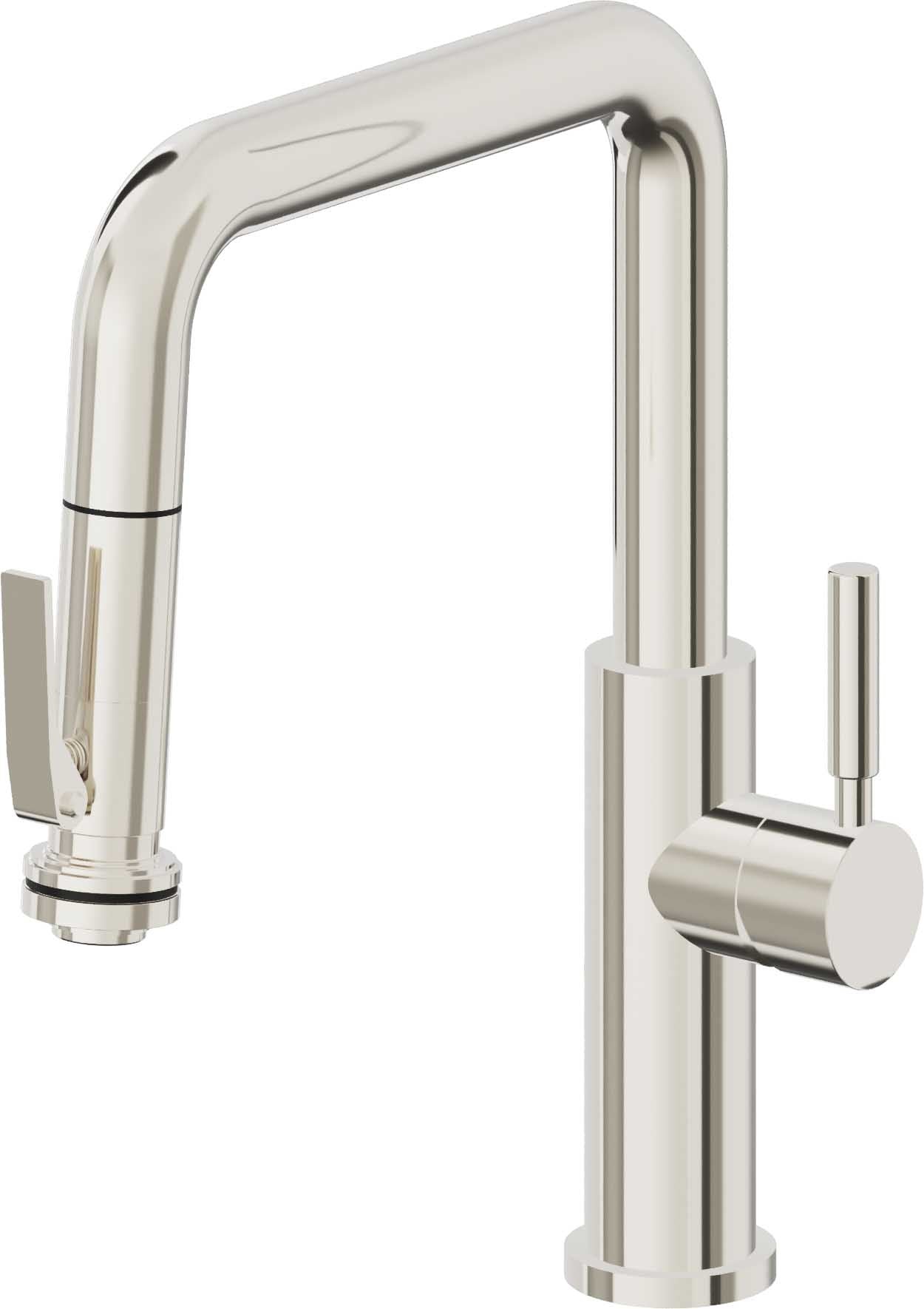 California Faucets Corsano Llave de Cocina Extraible Contemporanea con Rociador de Apretar - Pico Cuadruple - Níquel Pulido