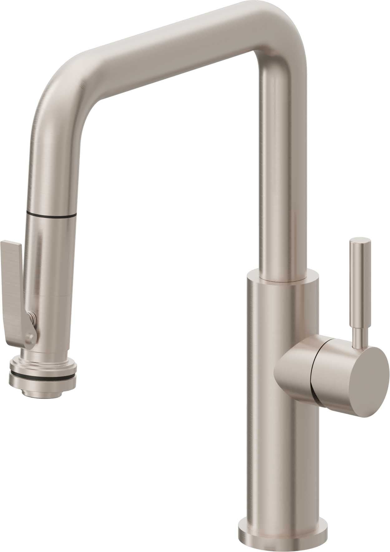 California Faucets Corsano Llave de Cocina Extraible Contemporanea con Rociador de Apretar - Pico Cuadruple - Níquel Satinado