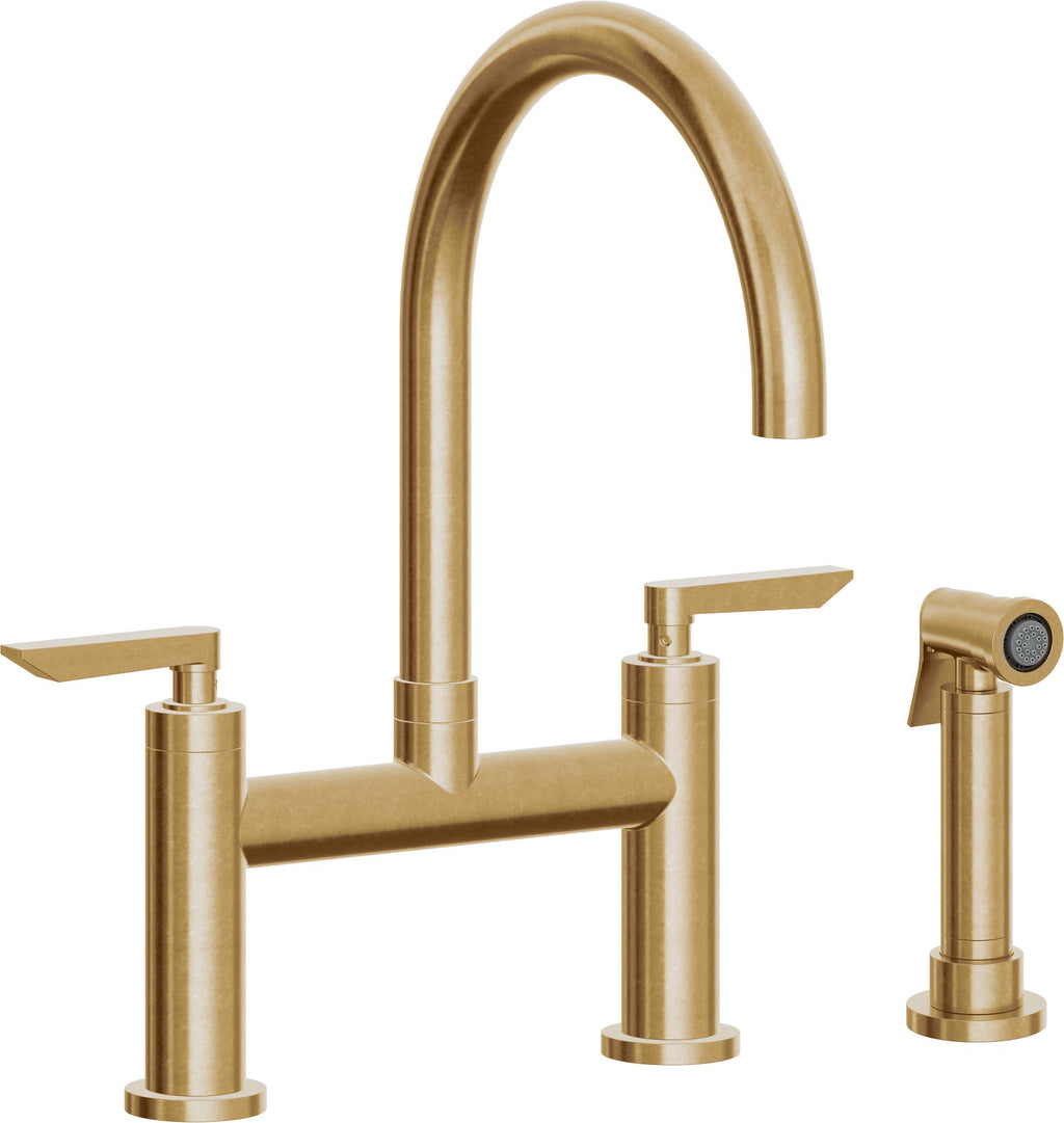 California Faucets Corsano Llave de Cocina Tipo Puente Contemporanea con Rociador Lateral - Pico en Arco - Latón Bruñido