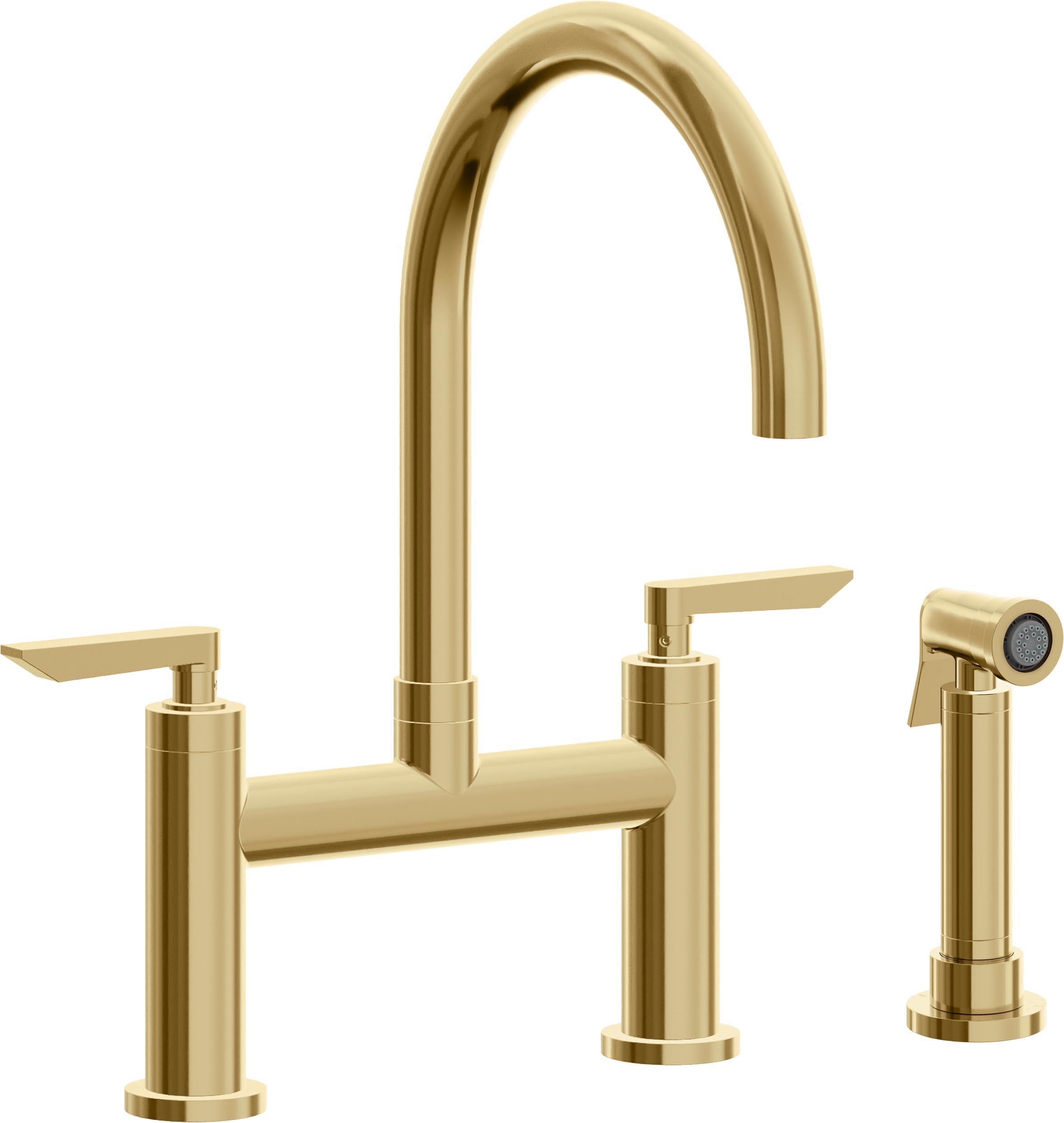 California Faucets Corsano Llave de Cocina Tipo Puente Contemporanea con Rociador Lateral - Pico en Arco - Oro Francés