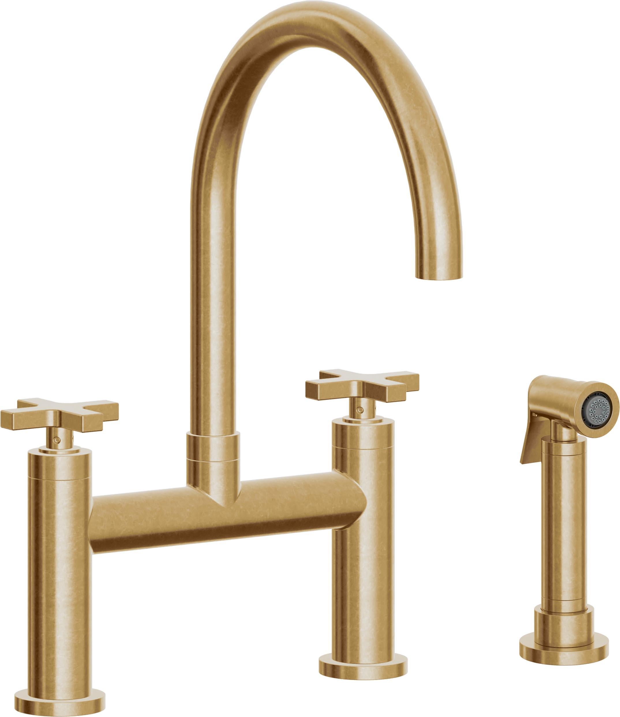 California Faucets Corsano Llave de Cocina Tipo Puente Contemporanea con Rociador Lateral - Pico en Arco - Latón Bruñido