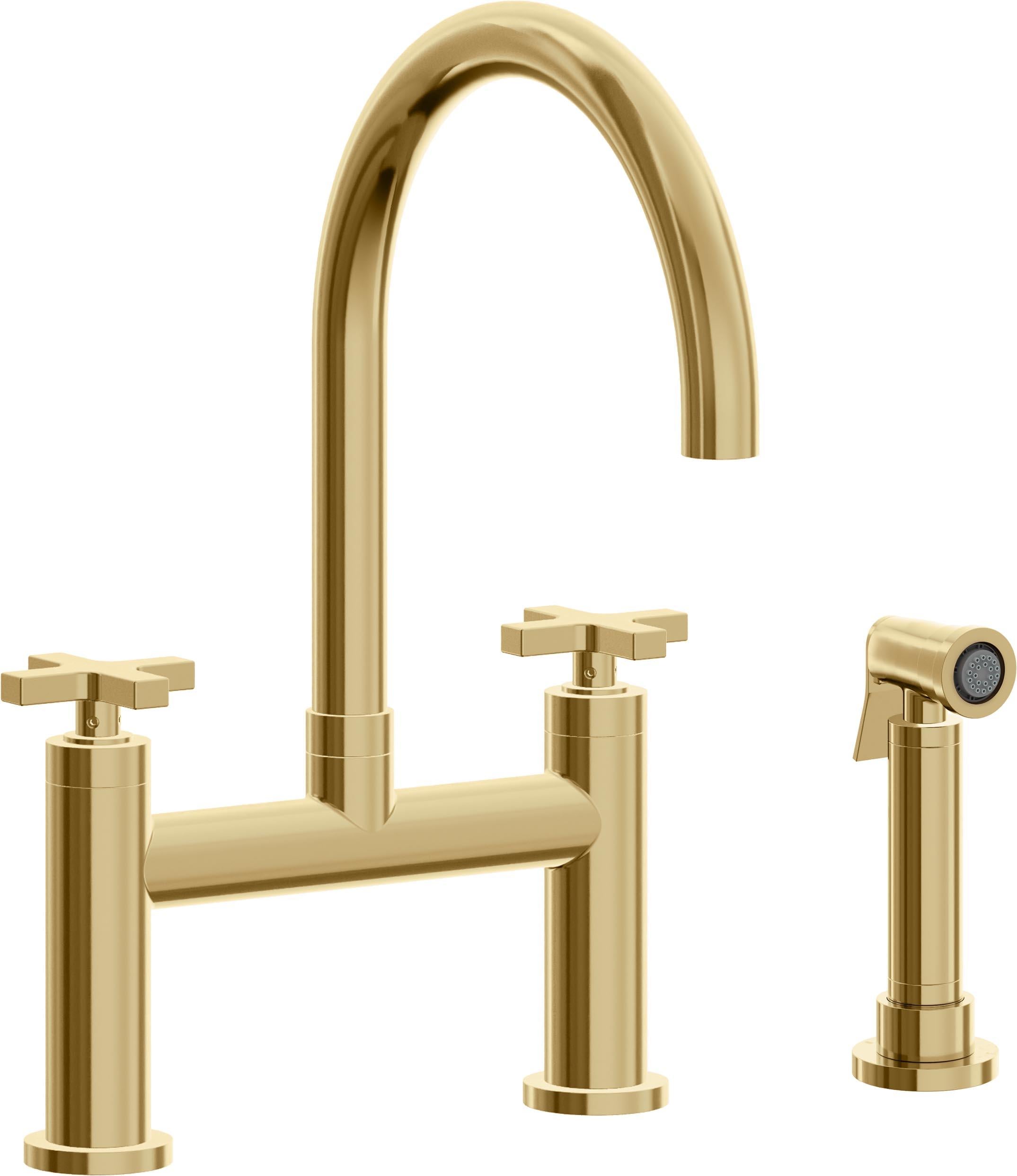 California Faucets Corsano Llave de Cocina Tipo Puente Contemporanea con Rociador Lateral - Pico en Arco - Oro Francés