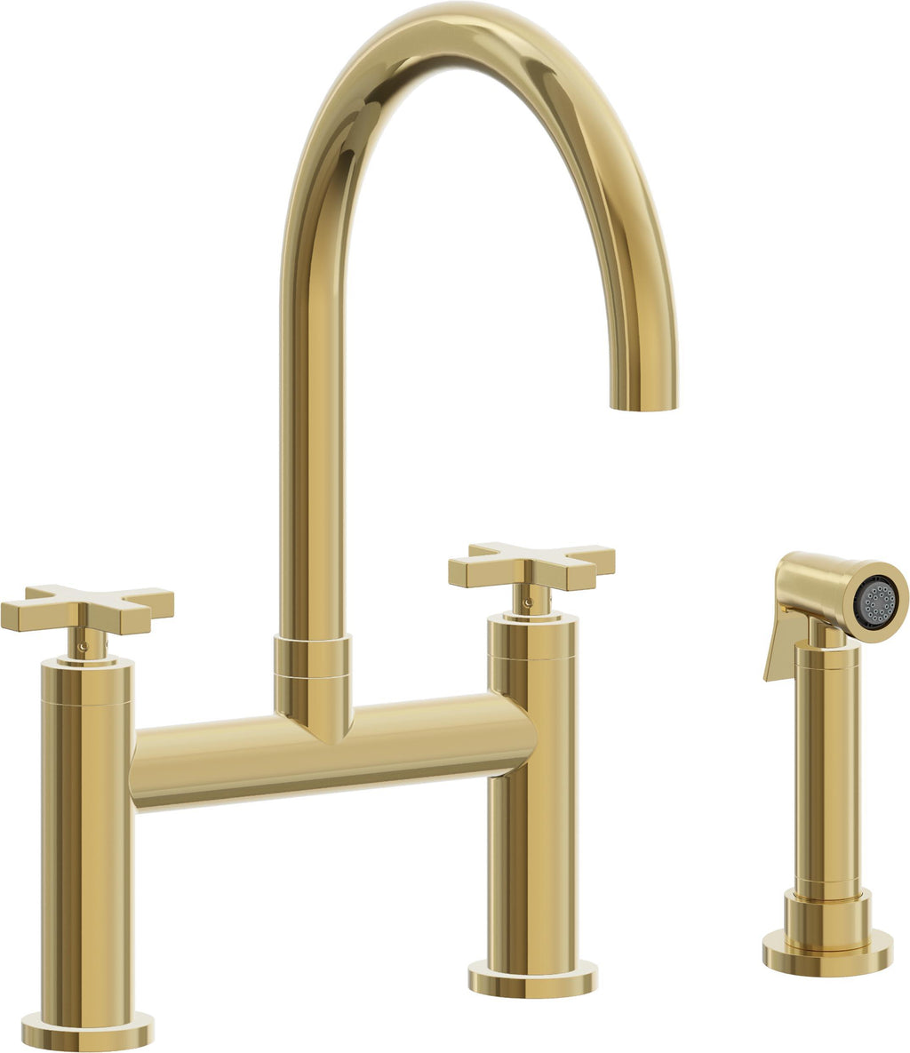 California Faucets Corsano Llave de Cocina Tipo Puente Contemporanea con Rociador Lateral - Pico en Arco - Oro Pulido de por Vida