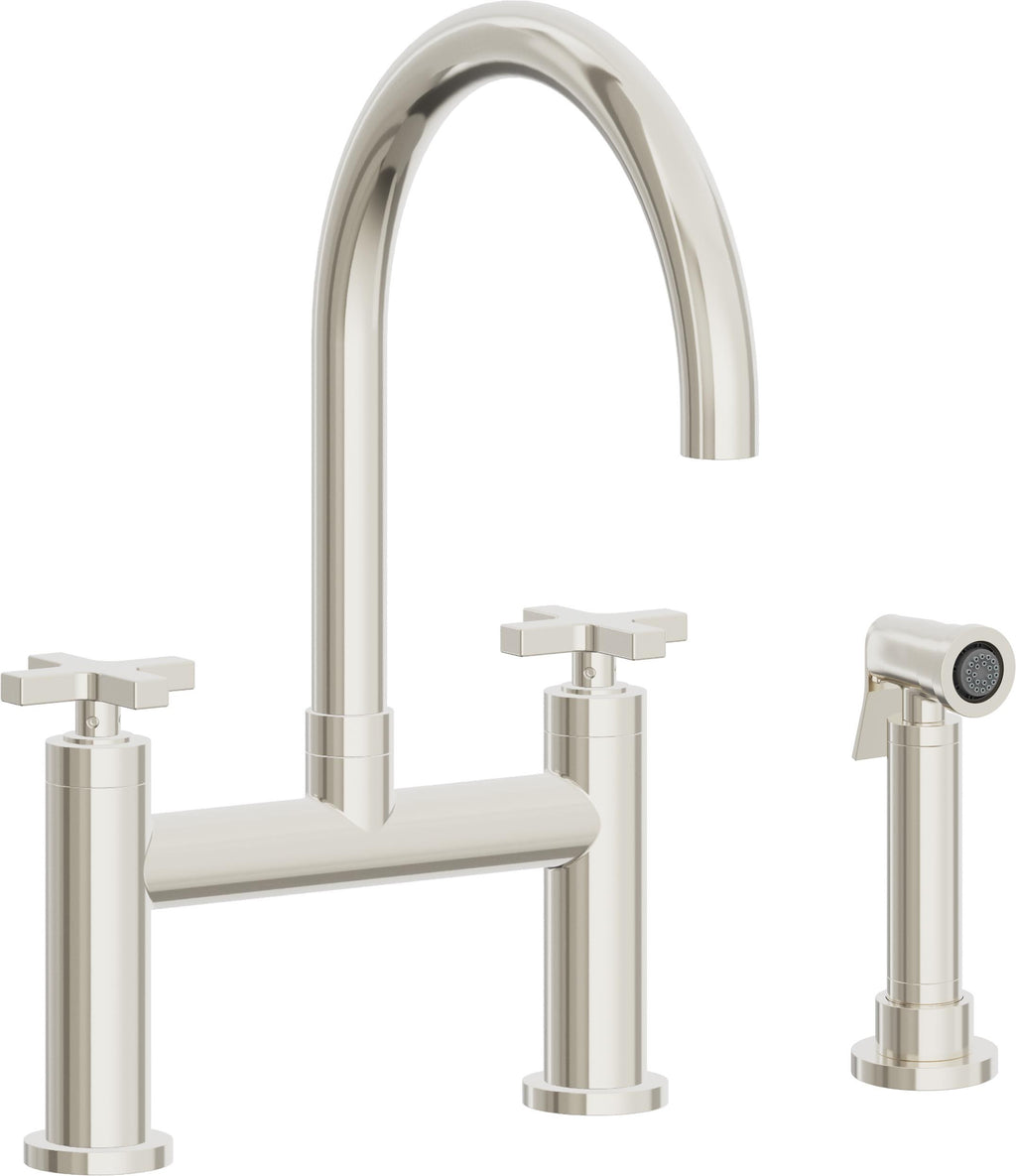 California Faucets Corsano Llave de Cocina Tipo Puente Contemporanea con Rociador Lateral - Pico en Arco - Níquel Pulido