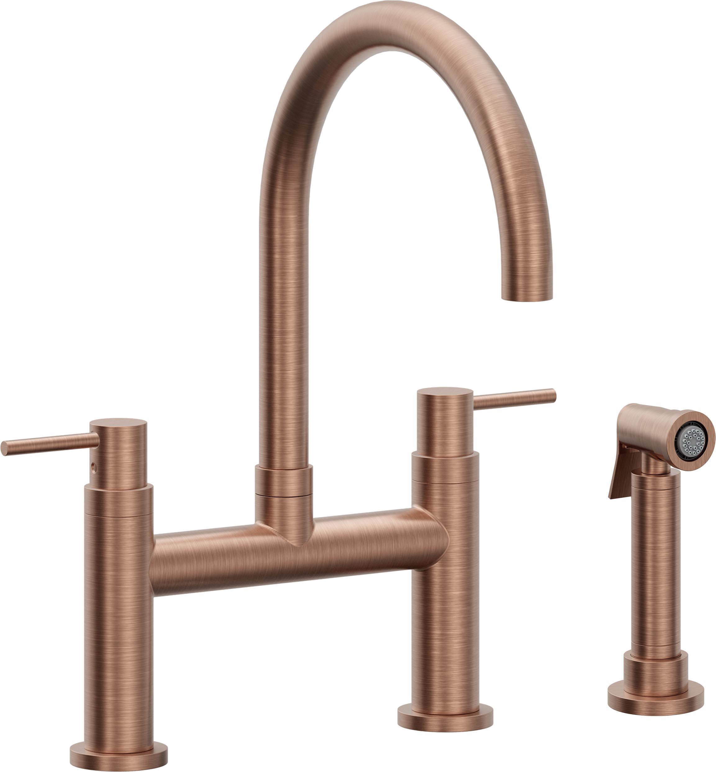 California Faucets Corsano Llave de Cocina Tipo Puente Contemporanea con Rociador Lateral - Pico en Arco - Cobre Antiguo Mate