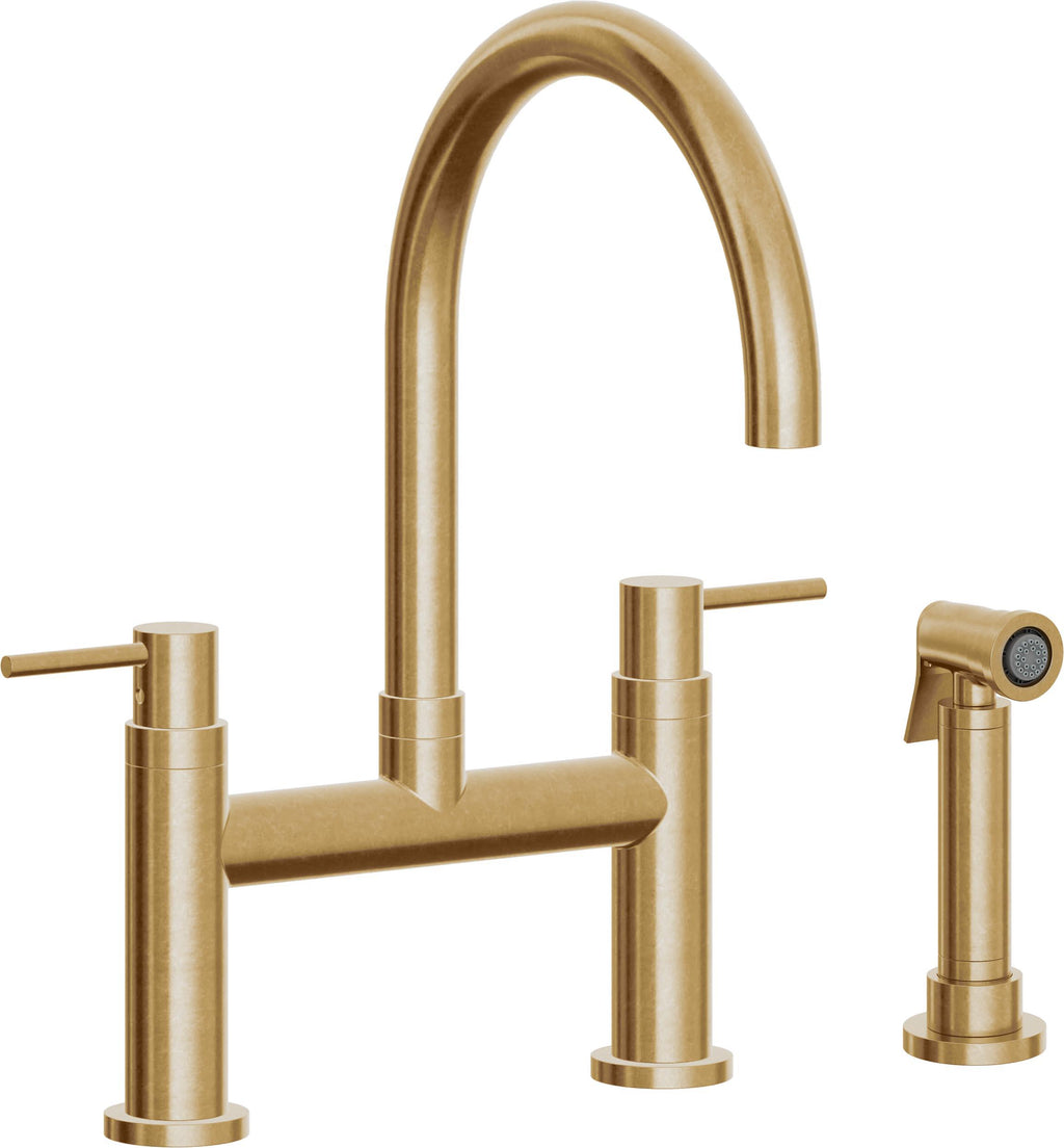 California Faucets Corsano Llave de Cocina Tipo Puente Contemporanea con Rociador Lateral - Pico en Arco - Latón Bruñido