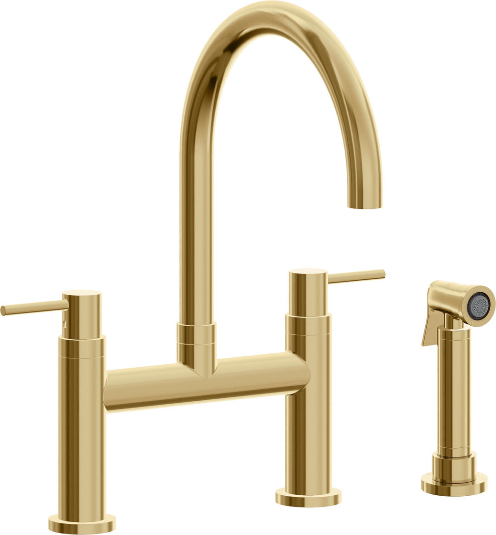 California Faucets Corsano Llave de Cocina Tipo Puente Contemporanea con Rociador Lateral - Pico en Arco - Oro Francés