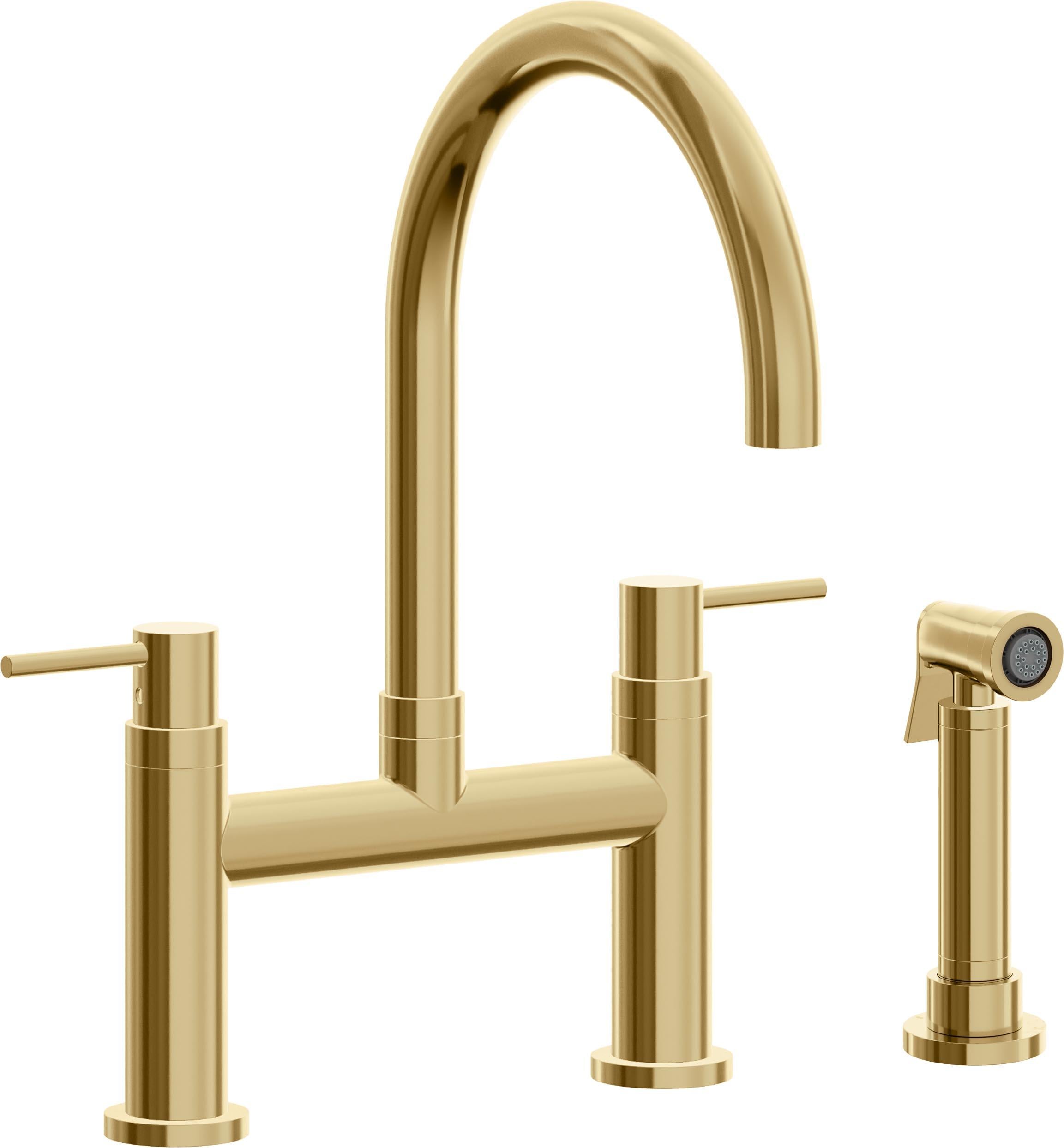 California Faucets Corsano Llave de Cocina Tipo Puente Contemporanea con Rociador Lateral - Pico en Arco - Oro Francés