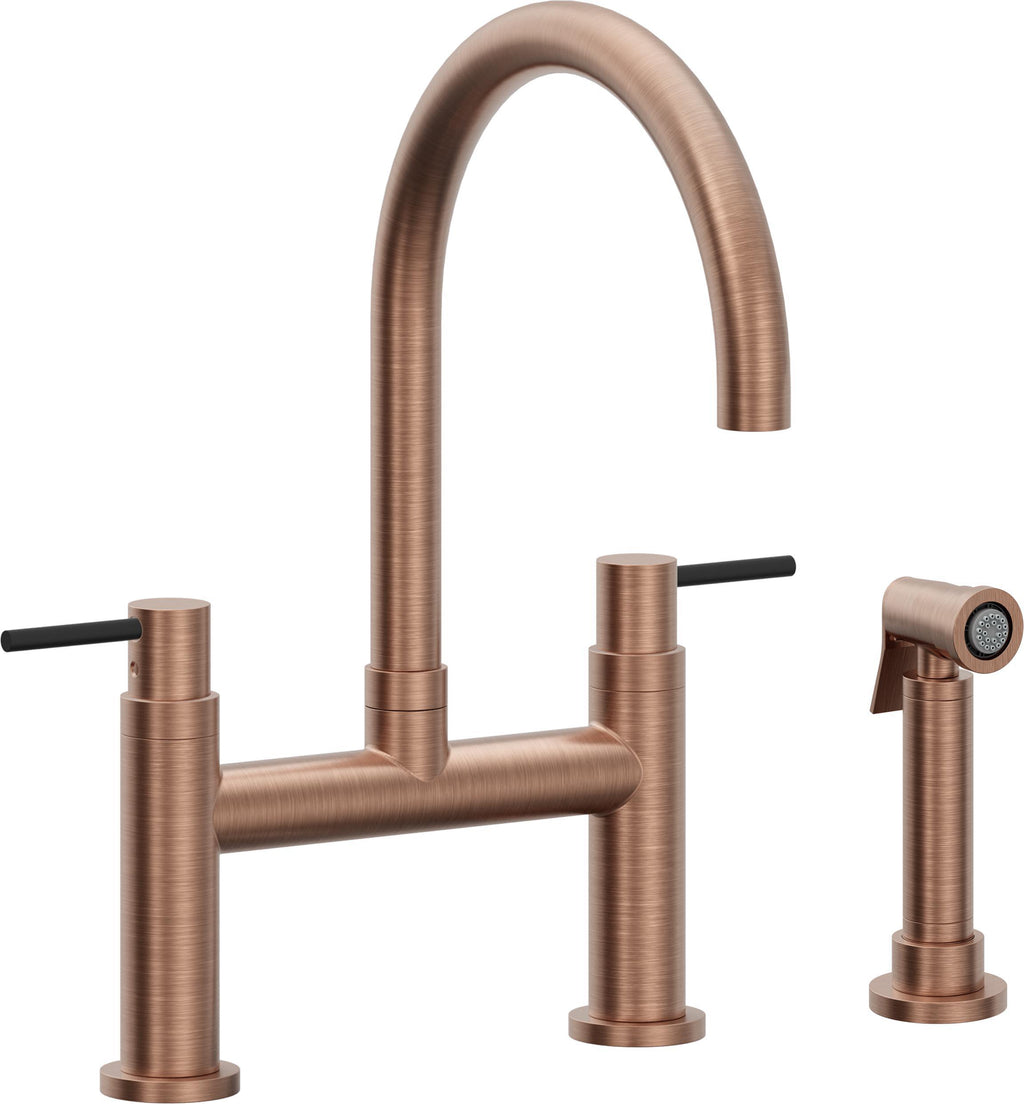 California Faucets Corsano Llave de Cocina Tipo Puente Contemporanea con Rociador Lateral - Pico en Arco - Cobre Antiguo Mate