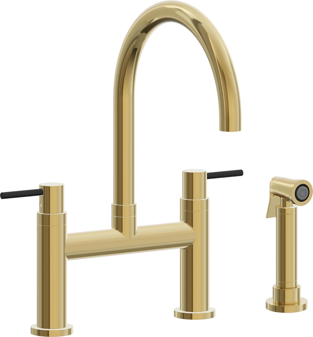 California Faucets Corsano Llave de Cocina Tipo Puente Contemporanea con Rociador Lateral - Pico en Arco - Oro Pulido de por Vida