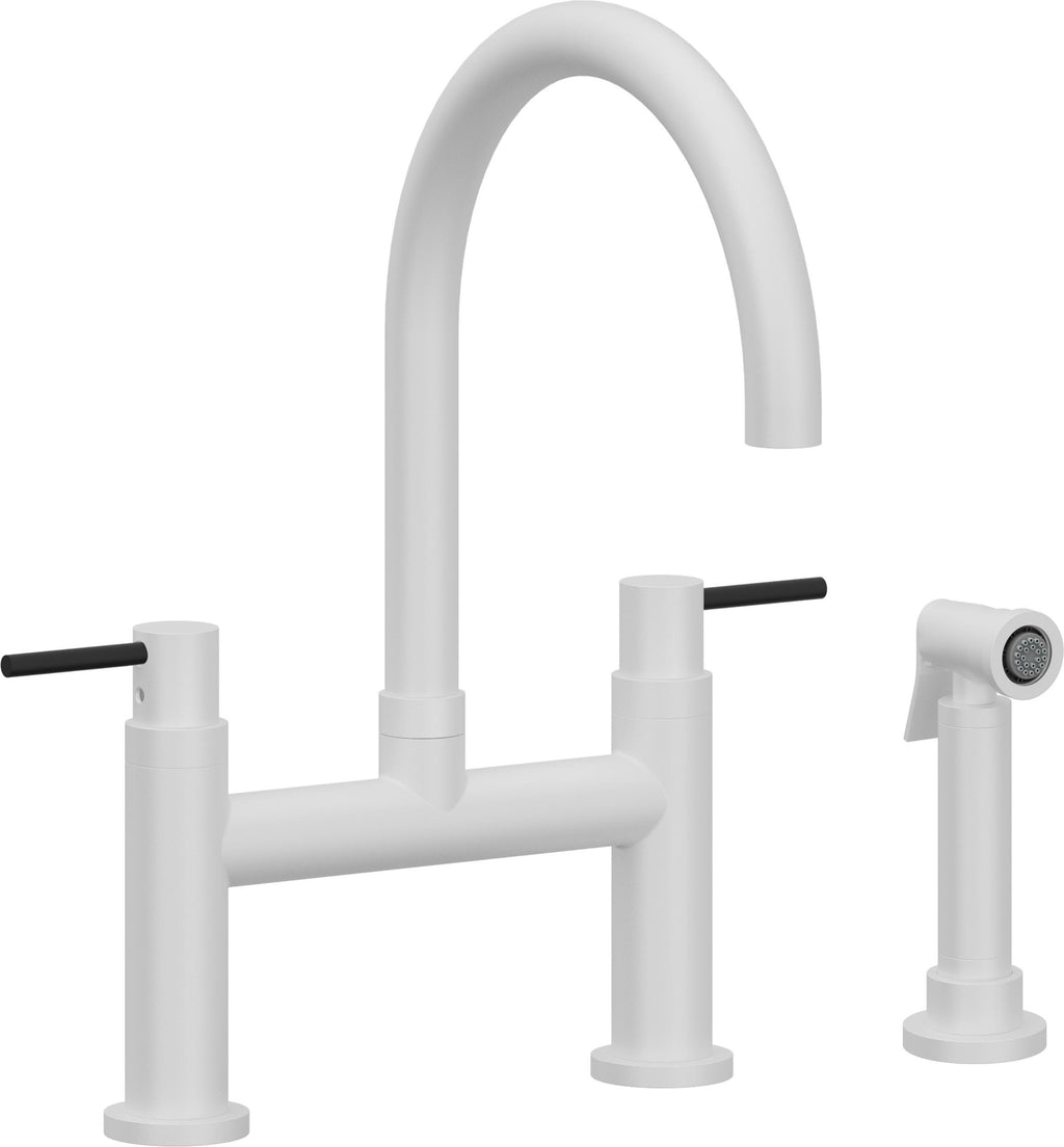 California Faucets Corsano Llave de Cocina Tipo Puente Contemporanea con Rociador Lateral - Pico en Arco - Blanco Mate