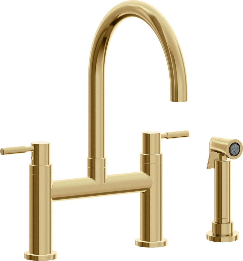California Faucets Corsano Llave de Cocina Tipo Puente Contemporanea con Rociador Lateral - Pico en Arco - Oro Francés