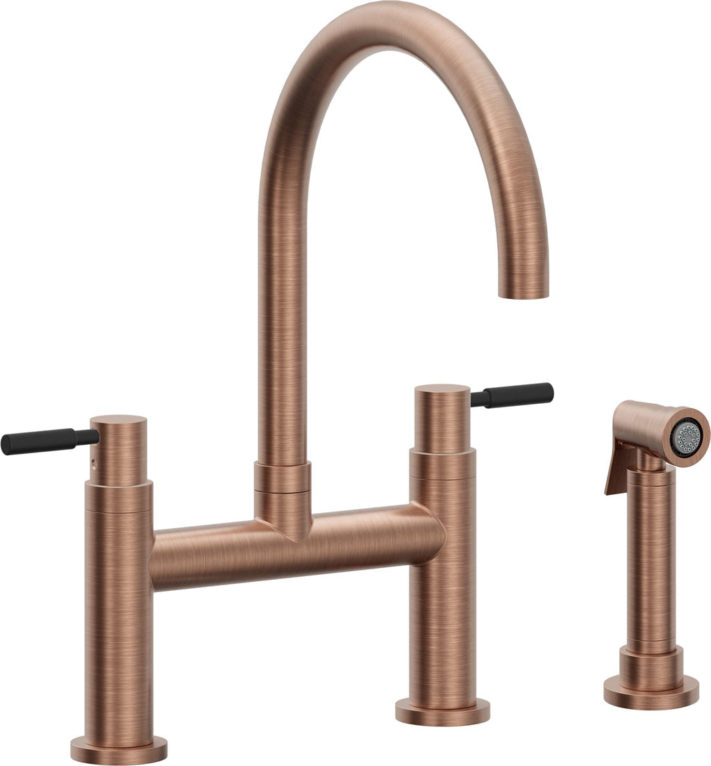 California Faucets Corsano Llave de Cocina Tipo Puente Contemporanea con Rociador Lateral - Pico en Arco - Cobre Antiguo Mate