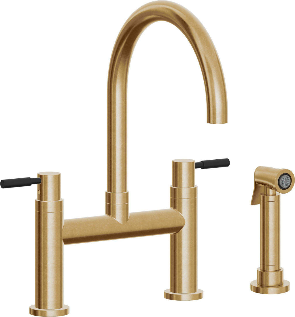 California Faucets Corsano Llave de Cocina Tipo Puente Contemporanea con Rociador Lateral - Pico en Arco - Latón Bruñido