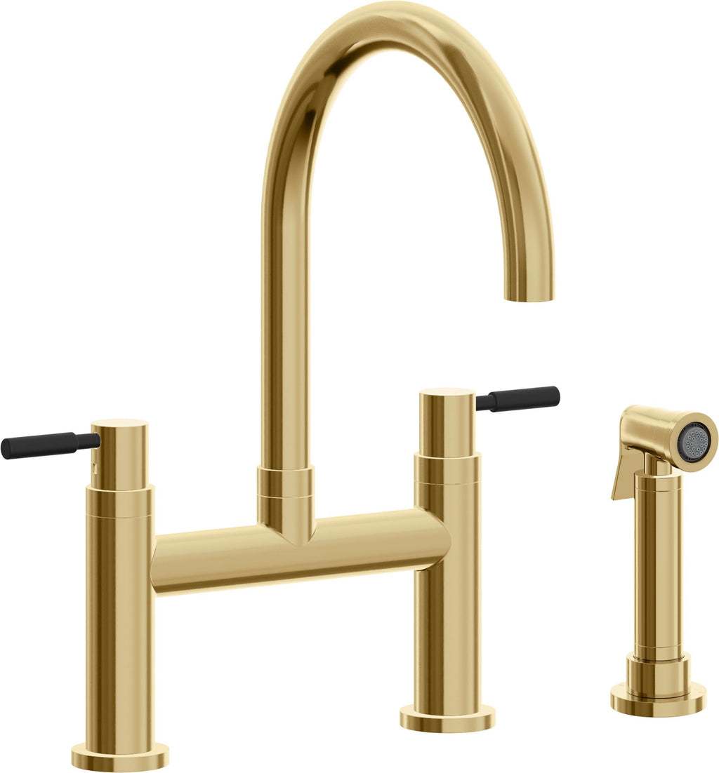 California Faucets Corsano Llave de Cocina Tipo Puente Contemporanea con Rociador Lateral - Pico en Arco - Oro Francés