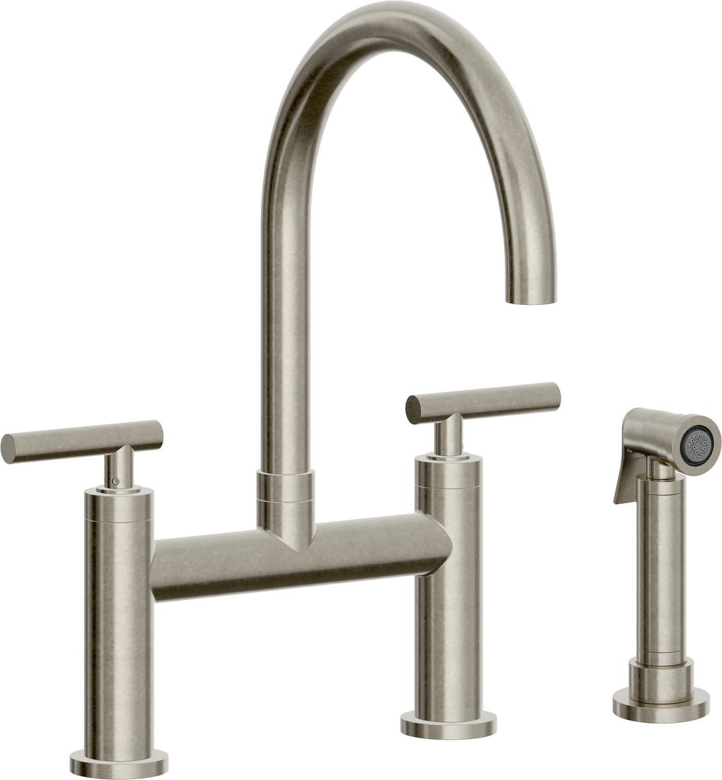 California Faucets Corsano Llave de Cocina Tipo Puente Contemporanea con Rociador Lateral - Pico en Arco - Níquel Bruñido