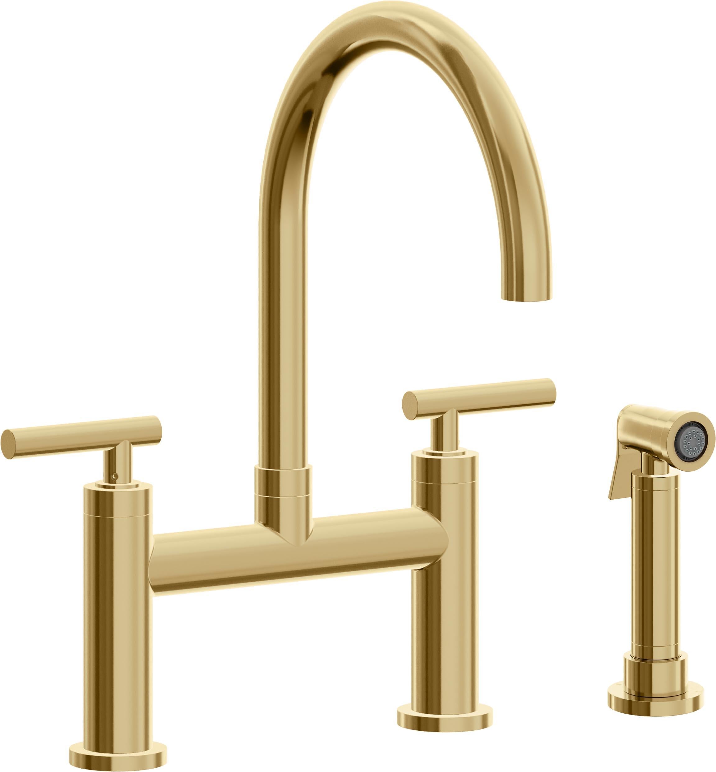 California Faucets Corsano Llave de Cocina Tipo Puente Contemporanea con Rociador Lateral - Pico en Arco - Oro Francés