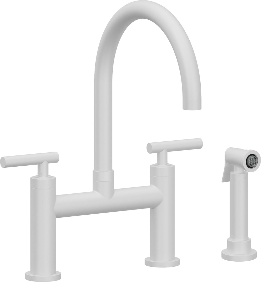 California Faucets Corsano Llave de Cocina Tipo Puente Contemporanea con Rociador Lateral - Pico en Arco - Blanco Mate