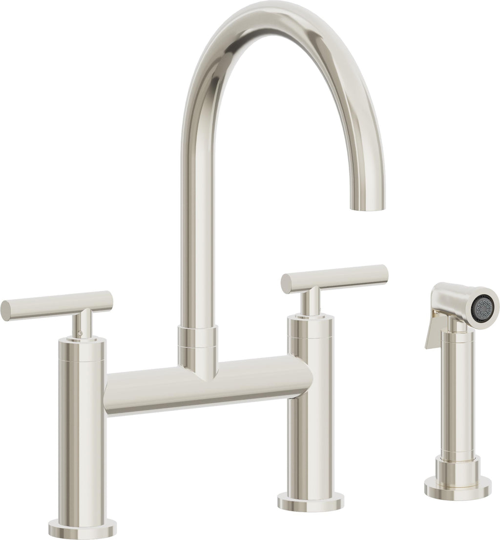California Faucets Corsano Llave de Cocina Tipo Puente Contemporanea con Rociador Lateral - Pico en Arco - Níquel Pulido