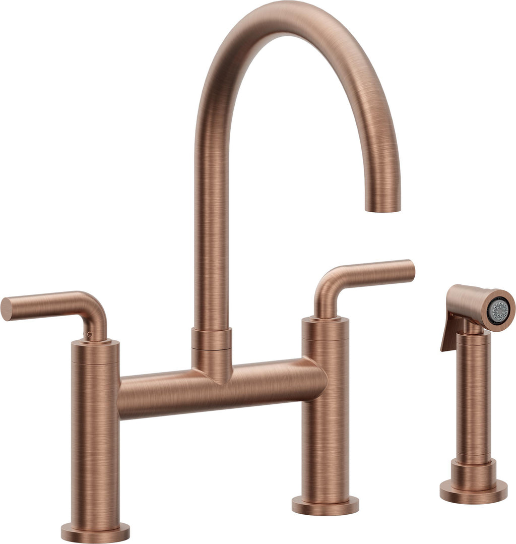 California Faucets Corsano Llave de Cocina Tipo Puente Contemporanea con Rociador Lateral - Pico en Arco - Cobre Antiguo Mate
