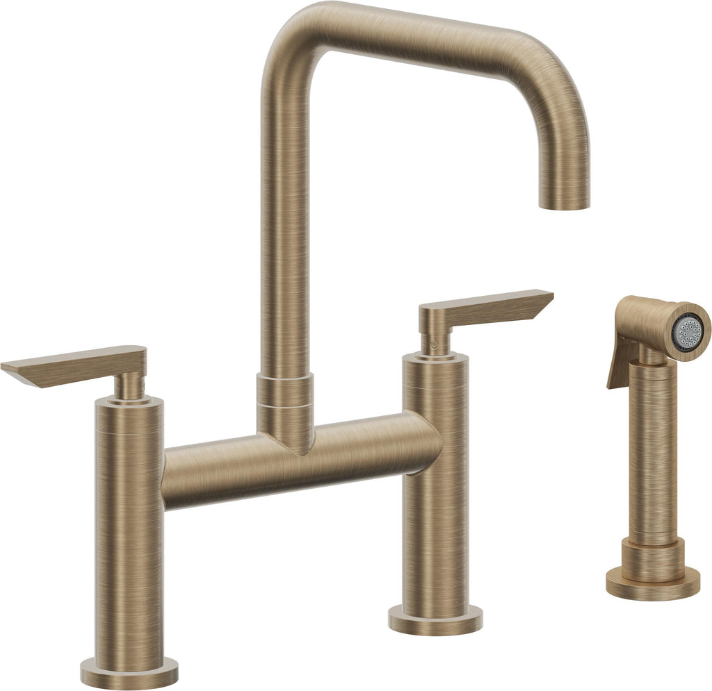 California Faucets Corsano Llave de Cocina Tipo Puente Contemporanea con Rociador Lateral - Pico Cuadruple - Latón Antiguo Mate