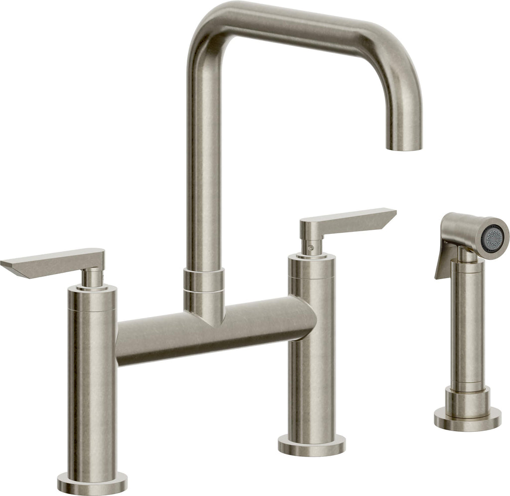 California Faucets Corsano Llave de Cocina Tipo Puente Contemporanea con Rociador Lateral - Pico Cuadruple - Níquel Bruñido