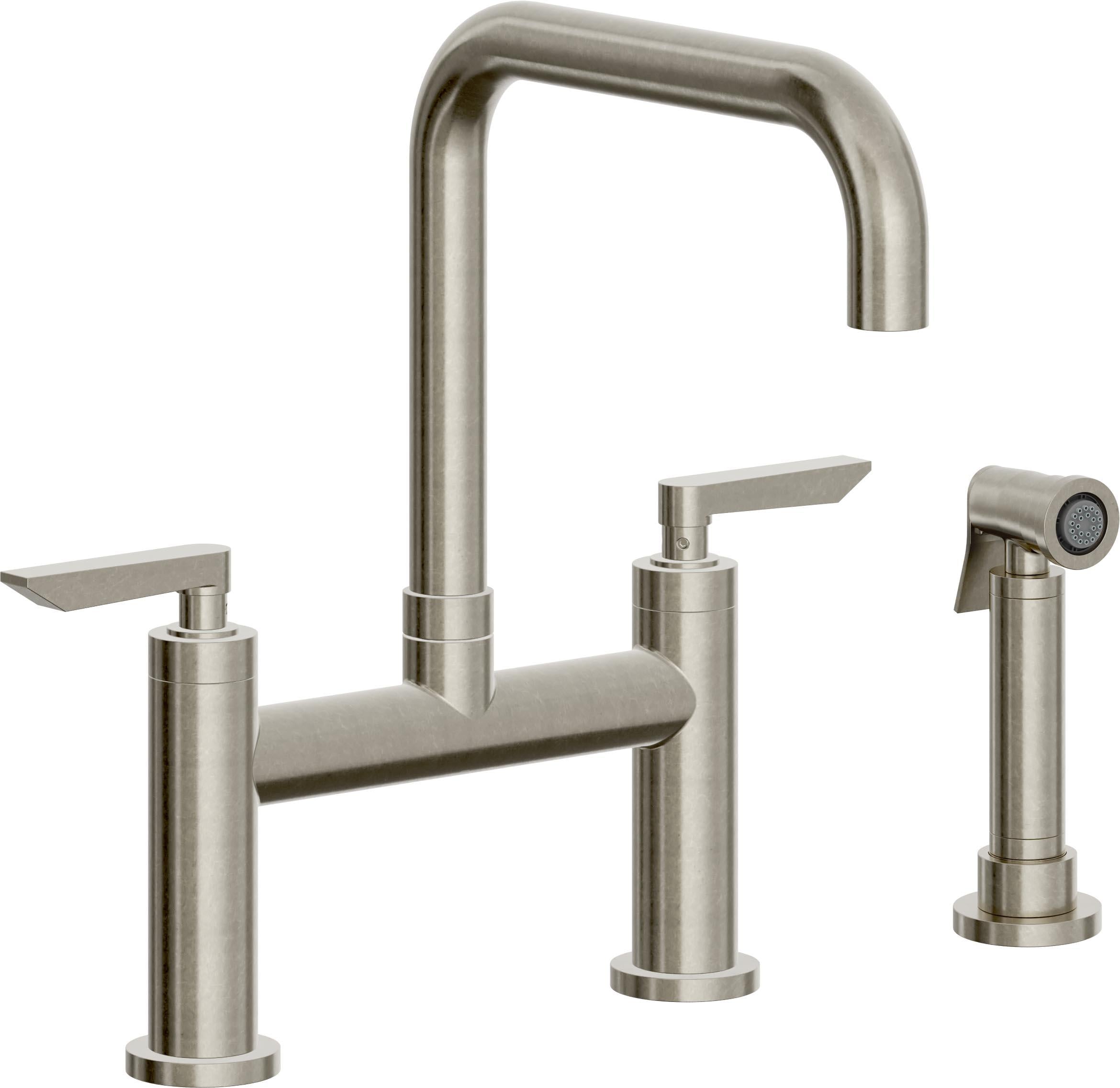 California Faucets Corsano Llave de Cocina Tipo Puente Contemporanea con Rociador Lateral - Pico Cuadruple - Níquel Bruñido