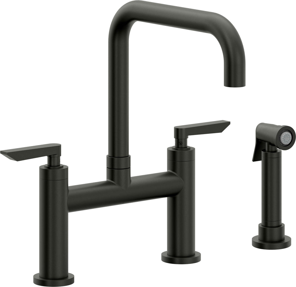 California Faucets Corsano Llave de Cocina Tipo Puente Contemporanea con Rociador Lateral - Pico Cuadruple - Bronce Bella Terra