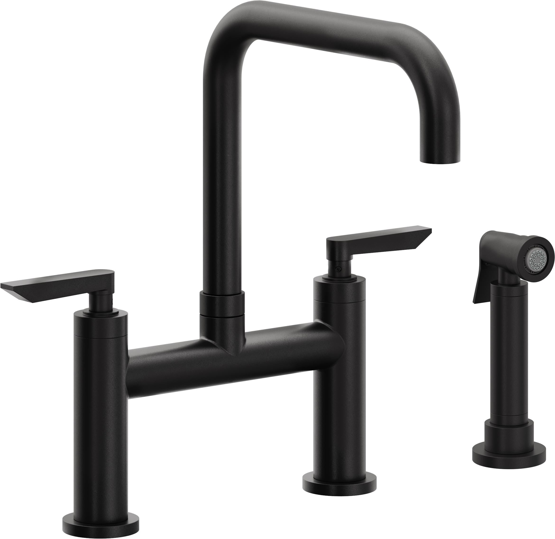 California Faucets Corsano Llave de Cocina Tipo Puente Contemporanea con Rociador Lateral - Pico Cuadruple - Negro Mate