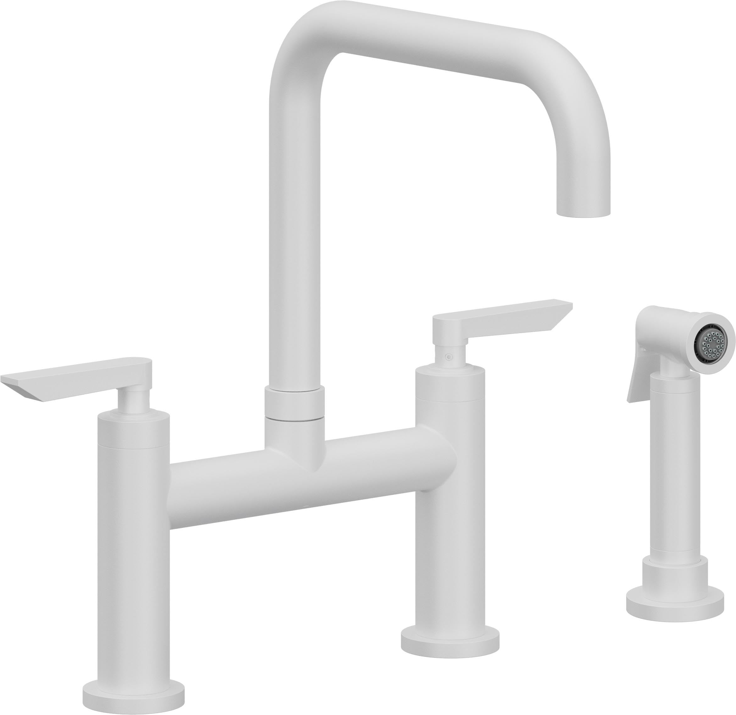 California Faucets Corsano Llave de Cocina Tipo Puente Contemporanea con Rociador Lateral - Pico Cuadruple - Blanco Mate