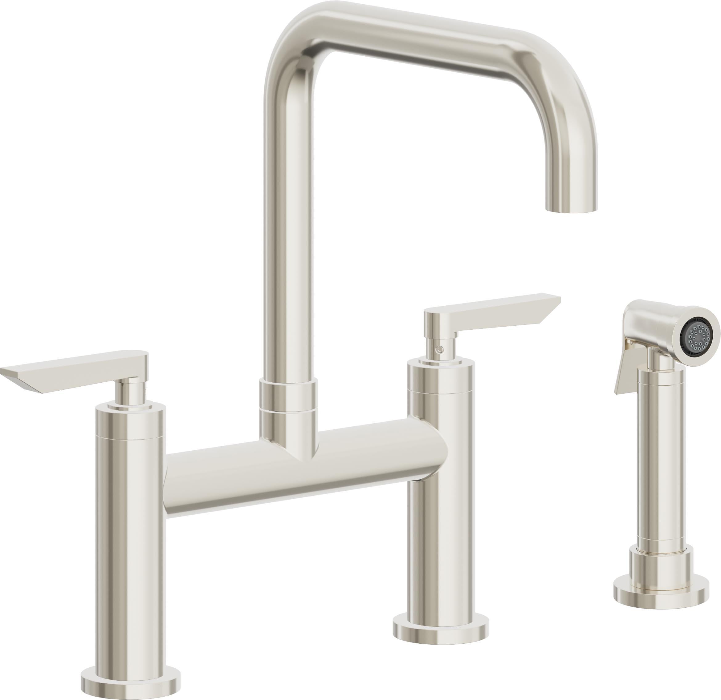 California Faucets Corsano Llave de Cocina Tipo Puente Contemporanea con Rociador Lateral - Pico Cuadruple - Níquel Pulido