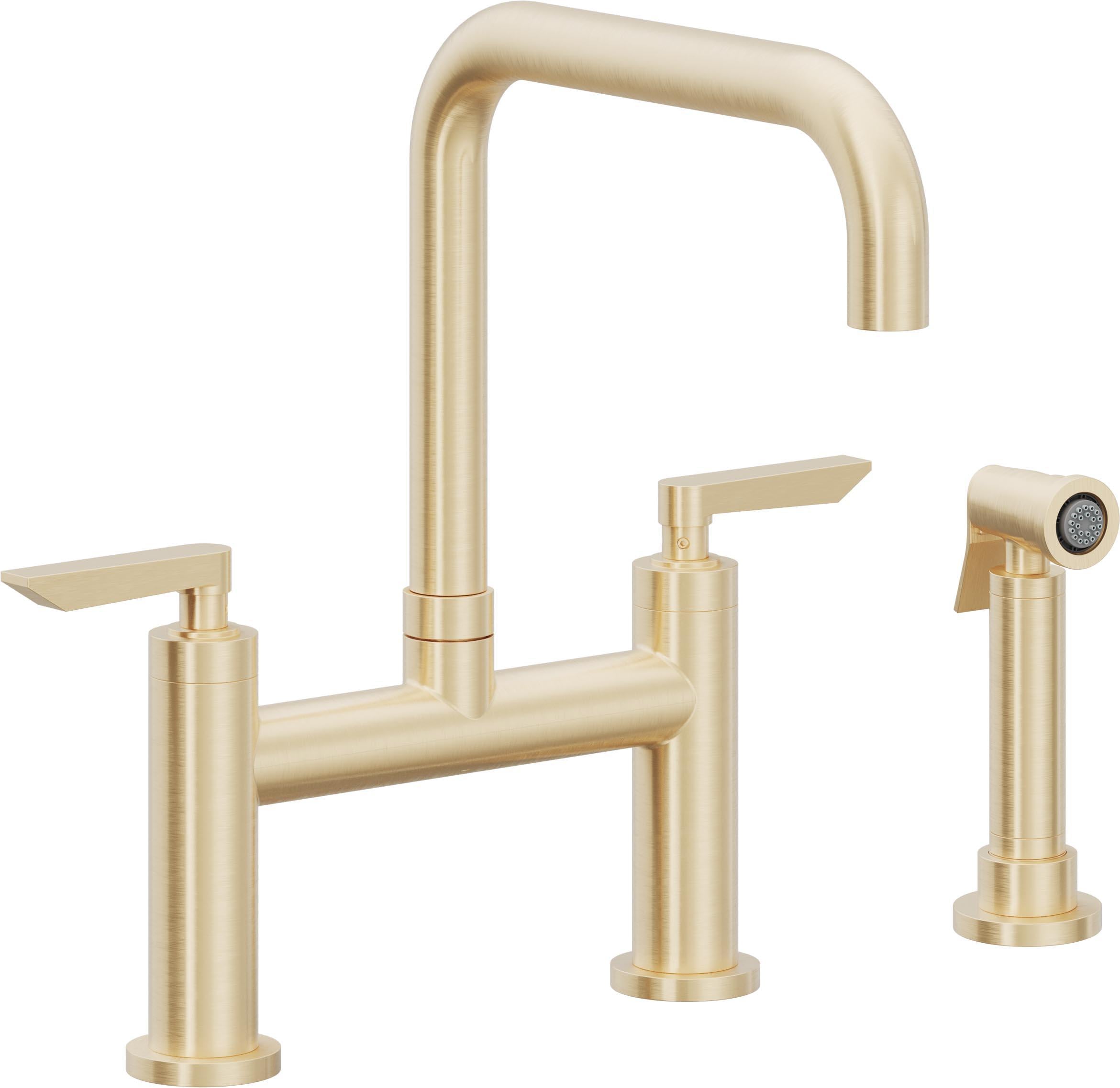 California Faucets Corsano Llave de Cocina Tipo Puente Contemporanea con Rociador Lateral - Pico Cuadruple - Latón Satinado