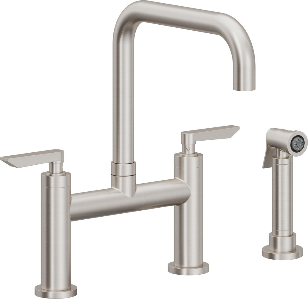 California Faucets Corsano Llave de Cocina Tipo Puente Contemporanea con Rociador Lateral - Pico Cuadruple - Acero Inoxidable Ultra
