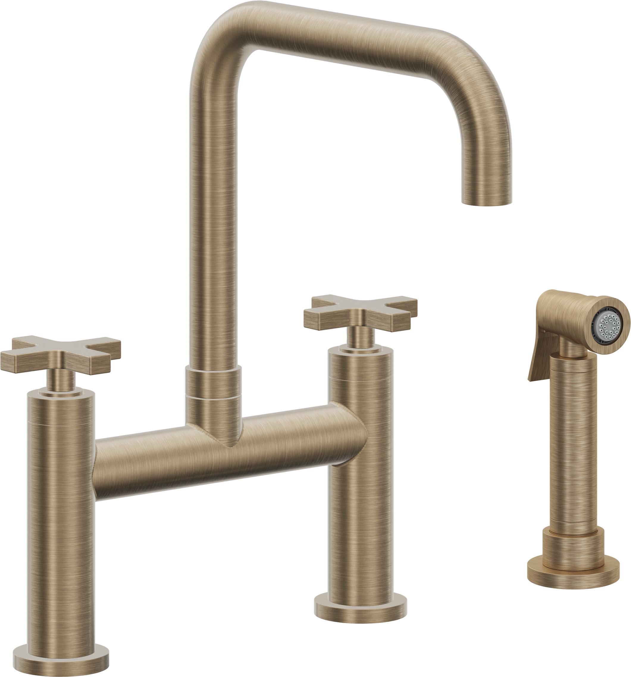 California Faucets Corsano Llave de Cocina Tipo Puente Contemporanea con Rociador Lateral - Pico Cuadruple - Latón Antiguo Mate
