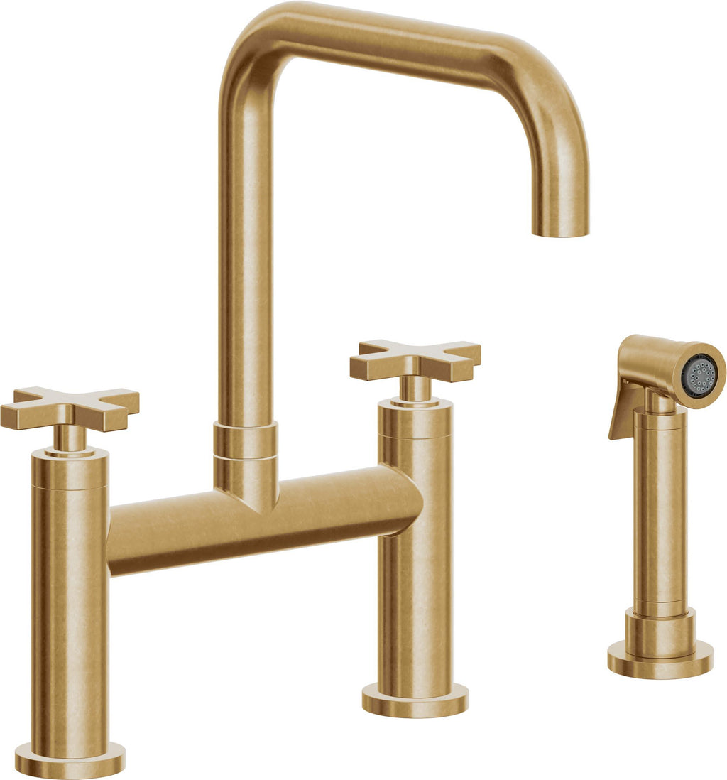 California Faucets Corsano Llave de Cocina Tipo Puente Contemporanea con Rociador Lateral - Pico Cuadruple - Latón Bruñido