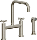 California Faucets Corsano Llave de Cocina Tipo Puente Contemporanea con Rociador Lateral - Pico Cuadruple - Níquel Bruñido